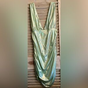 Superdown shimmer green mini ruched dress